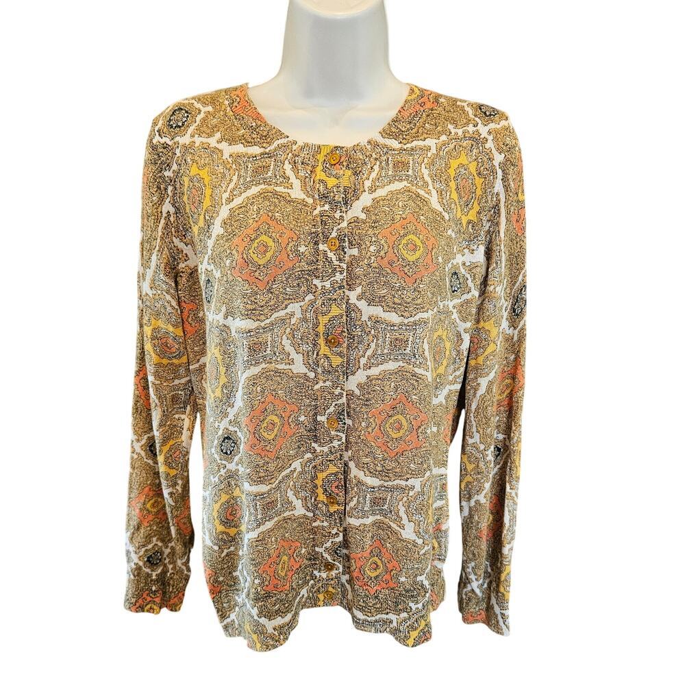 Talbots sz L metallic shiny stained plastic persian carpet colorful cardigan EUC
